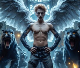 AI-generated wizards of the lion house — handsome shirtless mages of the wizard academy conjuring great white lions in cinematic UHD fantasy art.