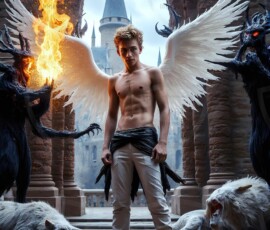 AI-generated wizards of the lion house — handsome shirtless mages of the wizard academy conjuring great white lions in cinematic UHD fantasy art.