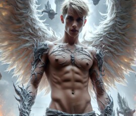 AI-generated wizards of the lion house — handsome shirtless mages of the wizard academy conjuring great white lions in cinematic UHD fantasy art.