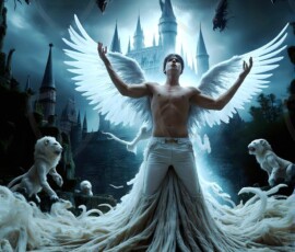 AI-generated wizards of the lion house — handsome shirtless mages of the wizard academy conjuring great white lions in cinematic UHD fantasy art.