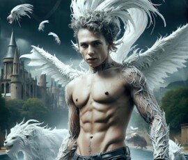 AI-generated wizards of the lion house — handsome shirtless mages of the wizard academy conjuring great white lions in cinematic UHD fantasy art.