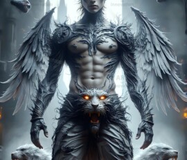 AI-generated wizards of the lion house — handsome shirtless mages of the wizard academy conjuring great white lions in cinematic UHD fantasy art.