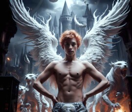 AI-generated wizards of the lion house — handsome shirtless mages of the wizard academy conjuring great white lions in cinematic UHD fantasy art.
