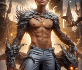 AI-generated wizards of the lion house — handsome shirtless mages of the wizard academy conjuring great white lions in cinematic UHD fantasy art.