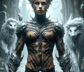 AI-generated wizards of the lion house — handsome shirtless mages of the wizard academy conjuring great white lions in cinematic UHD fantasy art.