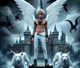 AI-generated wizards of the lion house — handsome shirtless mages of the wizard academy conjuring great white lions in cinematic UHD fantasy art.