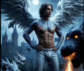 AI-generated wizards of the lion house — handsome shirtless mages of the wizard academy conjuring great white lions in cinematic UHD fantasy art.