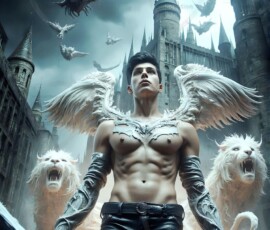 AI-generated wizards of the lion house — handsome shirtless mages of the wizard academy conjuring great white lions in cinematic UHD fantasy art.