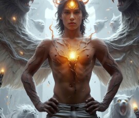 AI-generated wizards of the lion house — handsome shirtless mages of the wizard academy conjuring great white lions in cinematic UHD fantasy art.