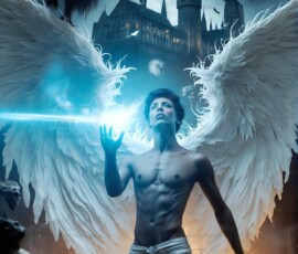 AI-generated wizards of the lion house — handsome shirtless mages of the wizard academy conjuring great white lions in cinematic UHD fantasy art.