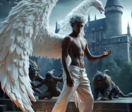 AI-generated wizards of the lion house — handsome shirtless mages of the wizard academy conjuring great white lions in cinematic UHD fantasy art.