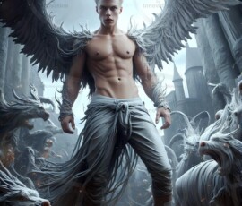 AI-generated wizards of the lion house — handsome shirtless mages of the wizard academy conjuring great white lions in cinematic UHD fantasy art.