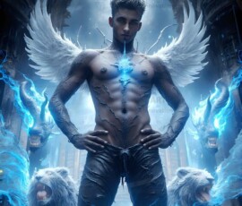 AI-generated wizards of the lion house — handsome shirtless mages of the wizard academy conjuring great white lions in cinematic UHD fantasy art.
