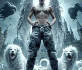 AI-generated wizards of the lion house — handsome shirtless mages of the wizard academy conjuring great white lions in cinematic UHD fantasy art.