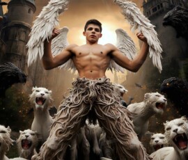 AI-generated wizards of the lion house — handsome shirtless mages of the wizard academy conjuring great white lions in cinematic UHD fantasy art.