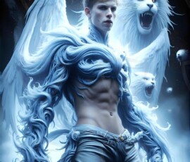 AI-generated wizards of the lion house — handsome shirtless mages of the wizard academy conjuring great white lions in cinematic UHD fantasy art.