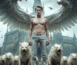 AI-generated wizards of the lion house — handsome shirtless mages of the wizard academy conjuring great white lions in cinematic UHD fantasy art.