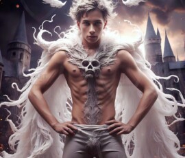 AI-generated wizards of the lion house — handsome shirtless mages of the wizard academy conjuring great white lions in cinematic UHD fantasy art.