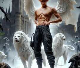 AI-generated wizards of the lion house — handsome shirtless mages of the wizard academy conjuring great white lions in cinematic UHD fantasy art.