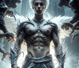 AI-generated wizards of the lion house — handsome shirtless mages of the wizard academy conjuring great white lions in cinematic UHD fantasy art.