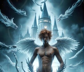 AI-generated wizards of the lion house — handsome shirtless mages of the wizard academy conjuring great white lions in cinematic UHD fantasy art.