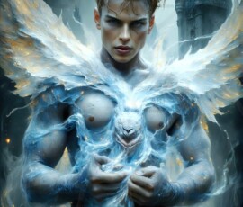 AI-generated wizards of the lion house — handsome shirtless mages of the wizard academy conjuring great white lions in cinematic UHD fantasy art.