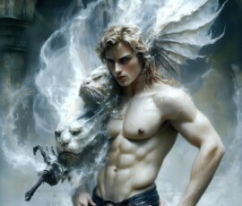AI-generated wizards of the lion house — handsome shirtless mages of the wizard academy conjuring great white lions in cinematic UHD fantasy art.