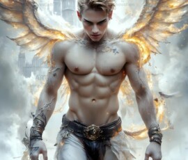 AI-generated wizards of the lion house — handsome shirtless mages of the wizard academy conjuring great white lions in cinematic UHD fantasy art.