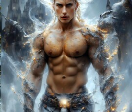 AI-generated wizards of the lion house — handsome shirtless mages of the wizard academy conjuring great white lions in cinematic UHD fantasy art.