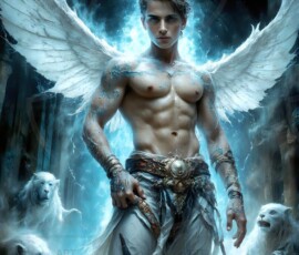 AI-generated wizards of the lion house — handsome shirtless mages of the wizard academy conjuring great white lions in cinematic UHD fantasy art.