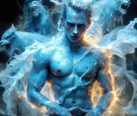 AI-generated wizards of the lion house — handsome shirtless mages of the wizard academy conjuring great white lions in cinematic UHD fantasy art.