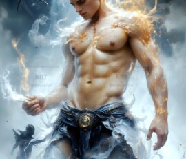 AI-generated wizards of the lion house — handsome shirtless mages of the wizard academy conjuring great white lions in cinematic UHD fantasy art.