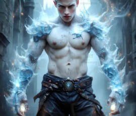 AI-generated wizards of the lion house — handsome shirtless mages of the wizard academy conjuring great white lions in cinematic UHD fantasy art.