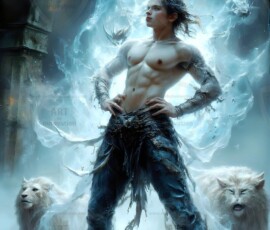 AI-generated wizards of the lion house — handsome shirtless mages of the wizard academy conjuring great white lions in cinematic UHD fantasy art.