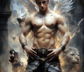 AI-generated wizards of the lion house — handsome shirtless mages of the wizard academy conjuring great white lions in cinematic UHD fantasy art.