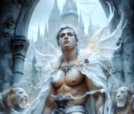 AI-generated wizards of the lion house — handsome shirtless mages of the wizard academy conjuring great white lions in cinematic UHD fantasy art.