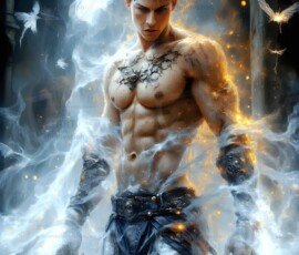 AI-generated wizards of the lion house — handsome shirtless mages of the wizard academy conjuring great white lions in cinematic UHD fantasy art.