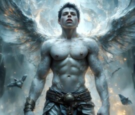 AI-generated wizards of the lion house — handsome shirtless mages of the wizard academy conjuring great white lions in cinematic UHD fantasy art.