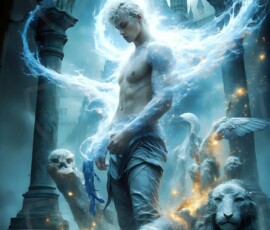 AI-generated wizards of the lion house — handsome shirtless mages of the wizard academy conjuring great white lions in cinematic UHD fantasy art.