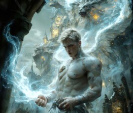 AI-generated wizards of the lion house — handsome shirtless mages of the wizard academy conjuring great white lions in cinematic UHD fantasy art.
