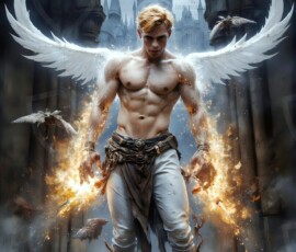 AI-generated wizards of the lion house — handsome shirtless mages of the wizard academy conjuring great white lions in cinematic UHD fantasy art.