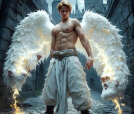 AI-generated wizards of the lion house — handsome shirtless mages of the wizard academy conjuring great white lions in cinematic UHD fantasy art.