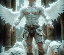 AI-generated wizards of the lion house — handsome shirtless mages of the wizard academy conjuring great white lions in cinematic UHD fantasy art.