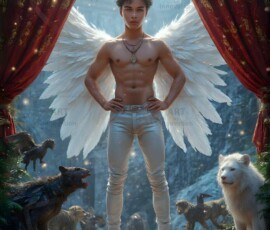 AI-generated wizards of the lion house — handsome shirtless mages of the wizard academy conjuring great white lions in cinematic UHD fantasy art.