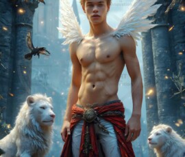 AI-generated wizards of the lion house — handsome shirtless mages of the wizard academy conjuring great white lions in cinematic UHD fantasy art.