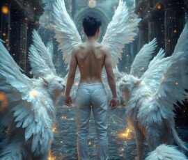 AI-generated wizards of the lion house — handsome shirtless mages of the wizard academy conjuring great white lions in cinematic UHD fantasy art.