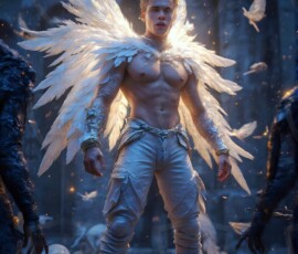 AI-generated wizards of the lion house — handsome shirtless mages of the wizard academy conjuring great white lions in cinematic UHD fantasy art.