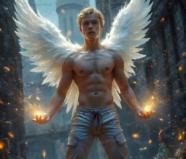 AI-generated wizards of the lion house — handsome shirtless mages of the wizard academy conjuring great white lions in cinematic UHD fantasy art.