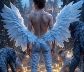 AI-generated wizards of the lion house — handsome shirtless mages of the wizard academy conjuring great white lions in cinematic UHD fantasy art.