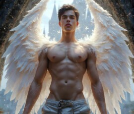 AI-generated wizards of the lion house — handsome shirtless mages of the wizard academy conjuring great white lions in cinematic UHD fantasy art.